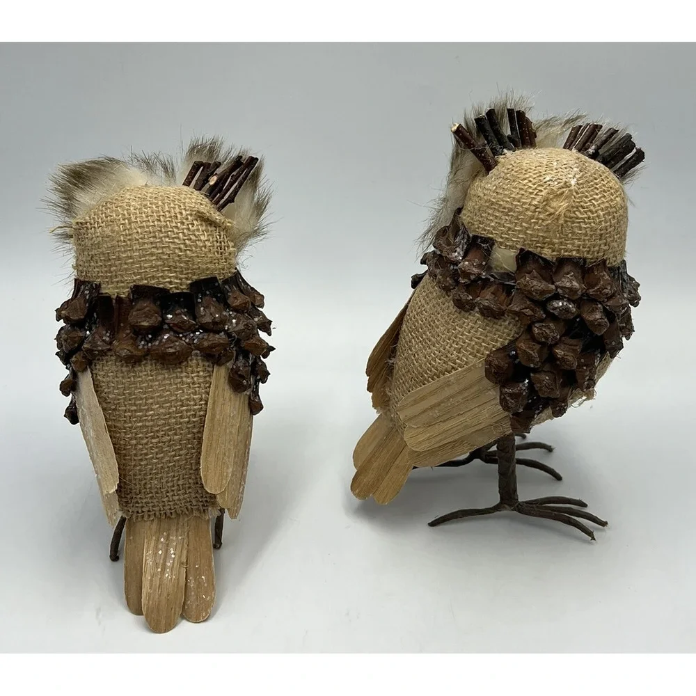 Pair of Pier 1 Owls Pinecones Sticks Twigs Feathers Figures Decor 6